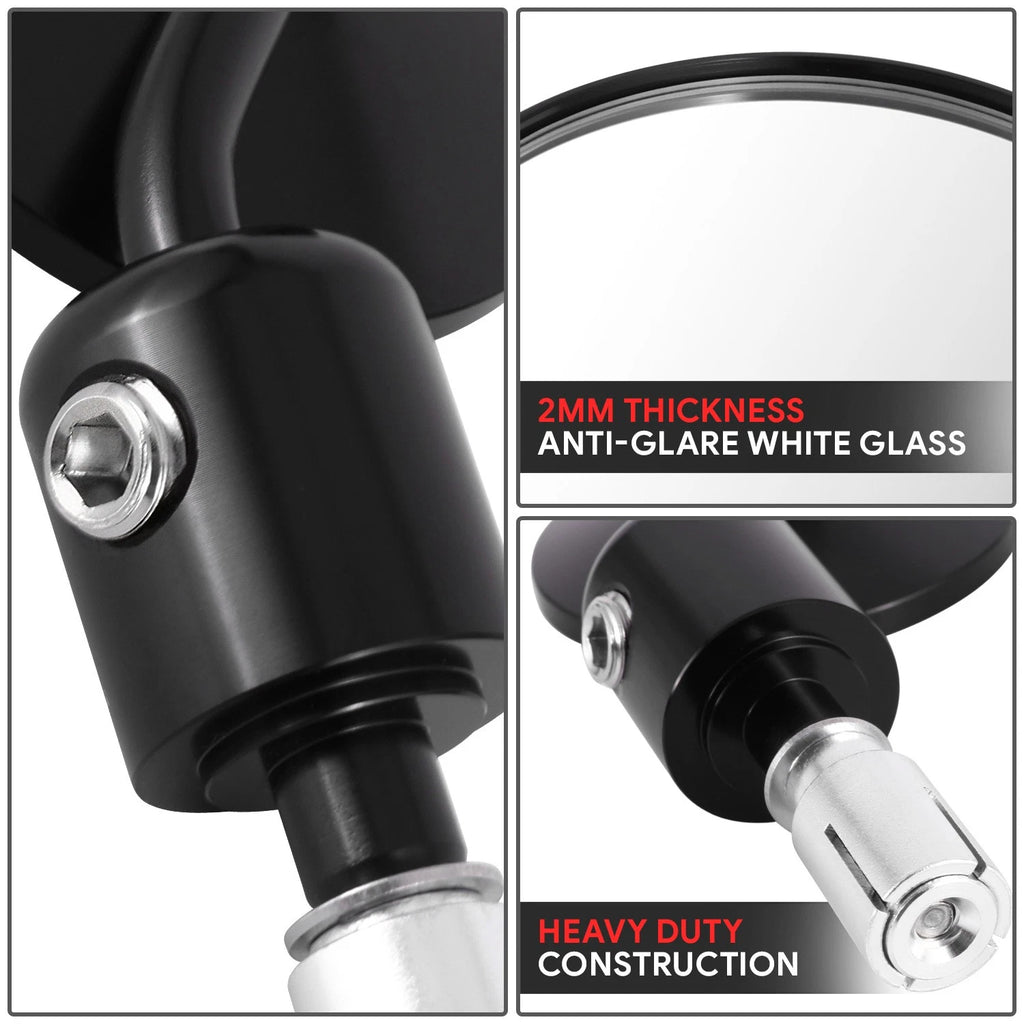 Universal Black Round Anti-Glare Bar-End Sideview Mirrors for Naked Bikes