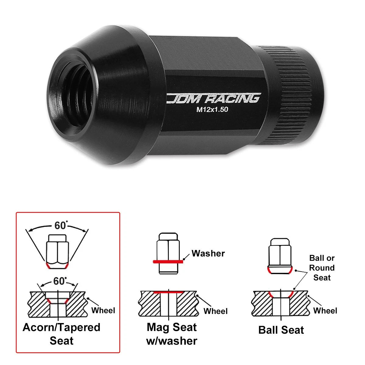 20Pc M12X1.5 Black JDM Open End Bulge Hex Lug Nuts + 25mm Extension