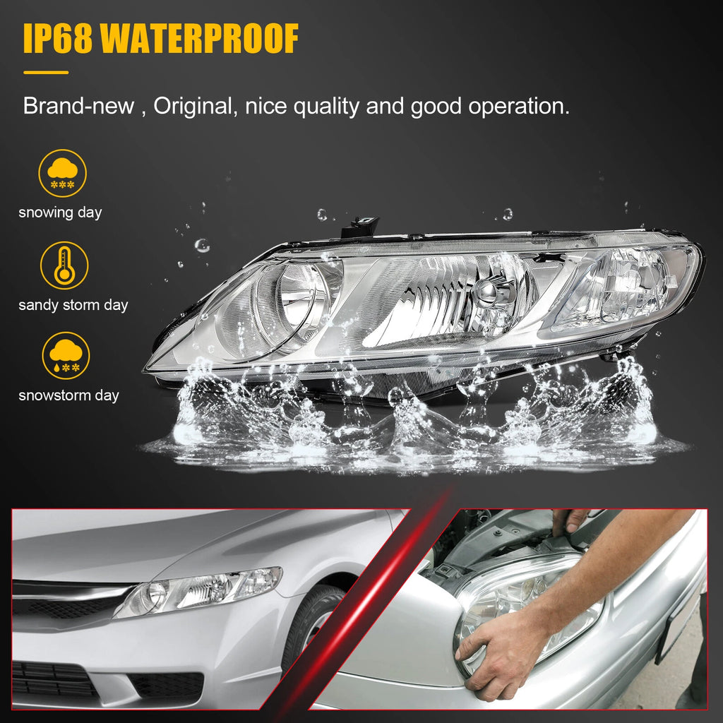 Headlight Assembly for Honda Civic Sedan (2006–2011) Left & Right Chrome