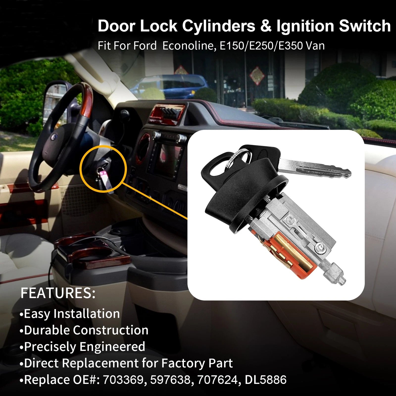 Door Ignition Switch Lock Cylinder with Keys for Ford E-150 E-250 (1997-2018)