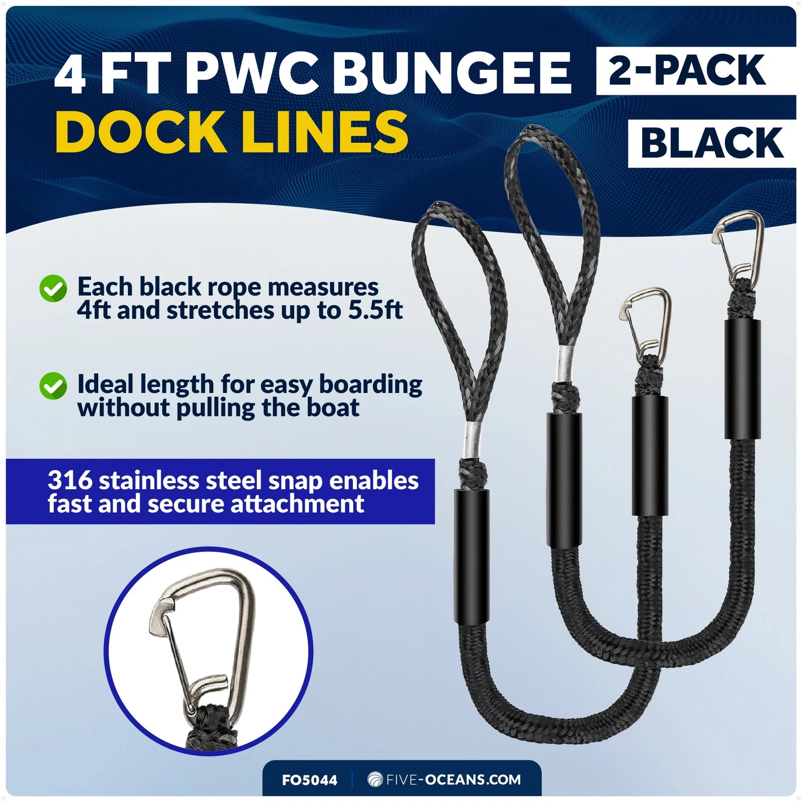2X 4 ft PWC Bungee Dock Lines for Boats with 316 Stainless Steel Clips