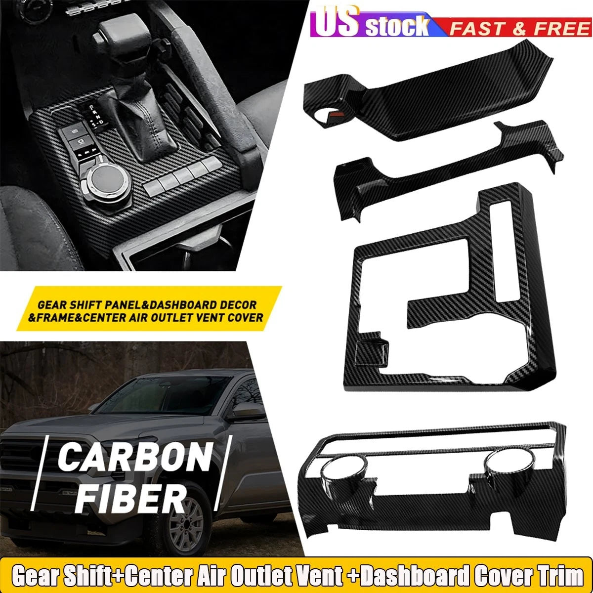 3X Gear Shift Panel + Air Vent + Dash Trim for Toyota Tacoma (2024–2026) Carbon Fiber
