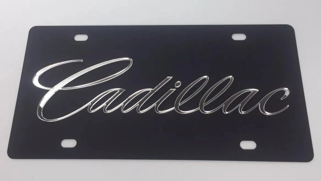 Cadillac Script Emblem Black License Plate Frame with Mirror (Made in USA)
