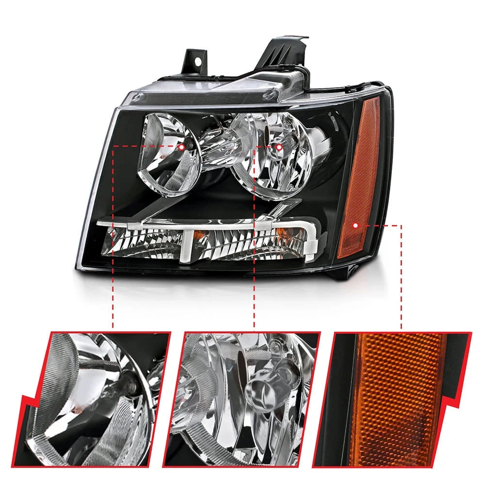 Crystal Headlight Set Black Clear Lens for 2007–2014 Chevrolet Tahoe