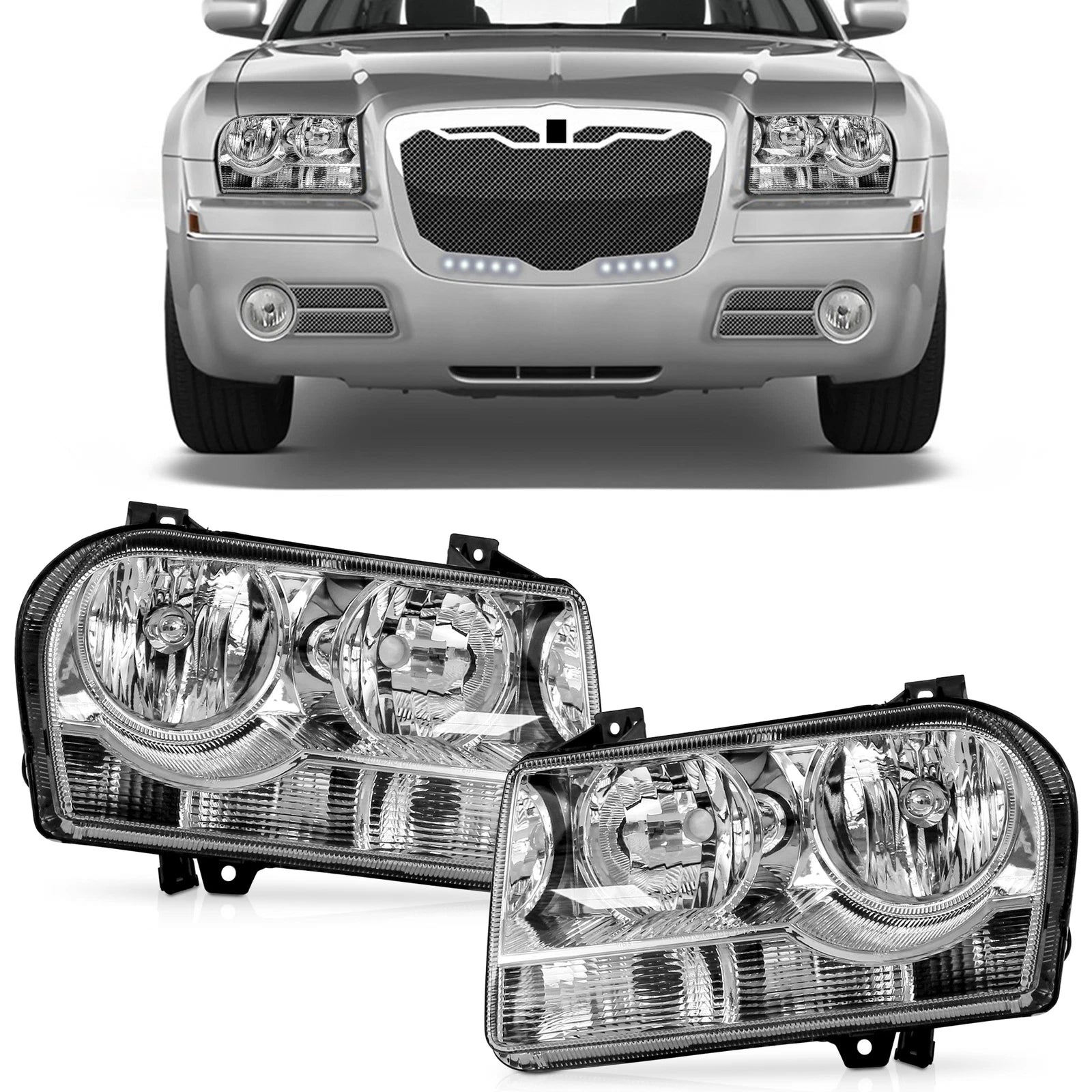 Pair Replacement Halogen Headlights for Chrysler 300 (2005–2010) Chrome