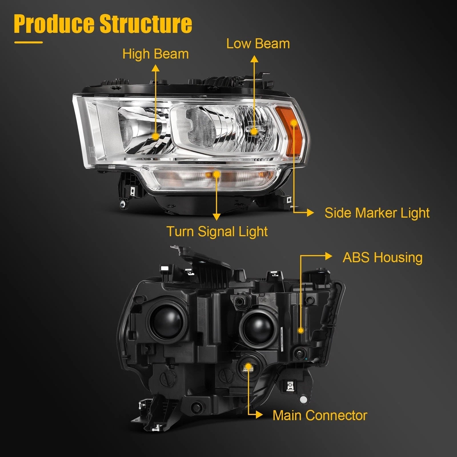 Driver Side Chrome Amber Headlight for Ram 2500 3500 (2019–2024)