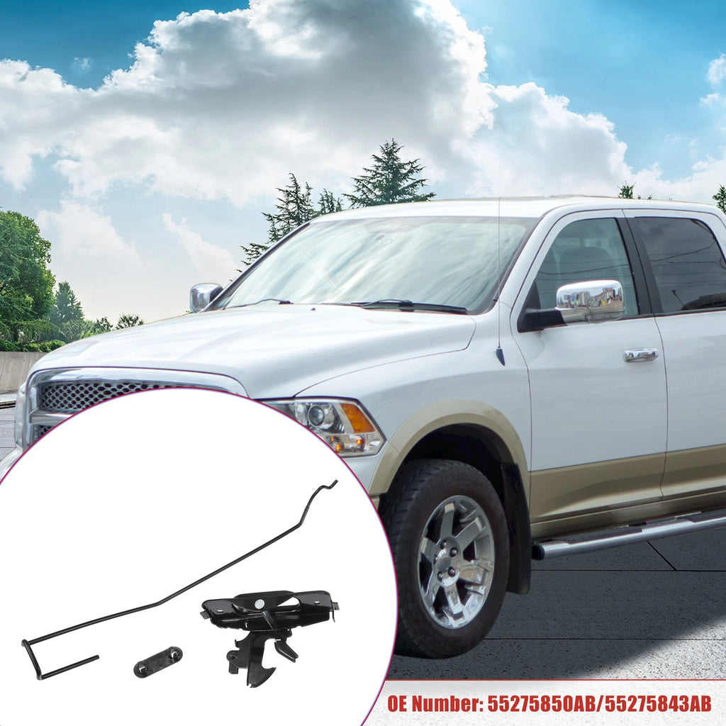 Set of 2 Hood Latch Rod Release Handles & Retainer Clips for Dodge Ram