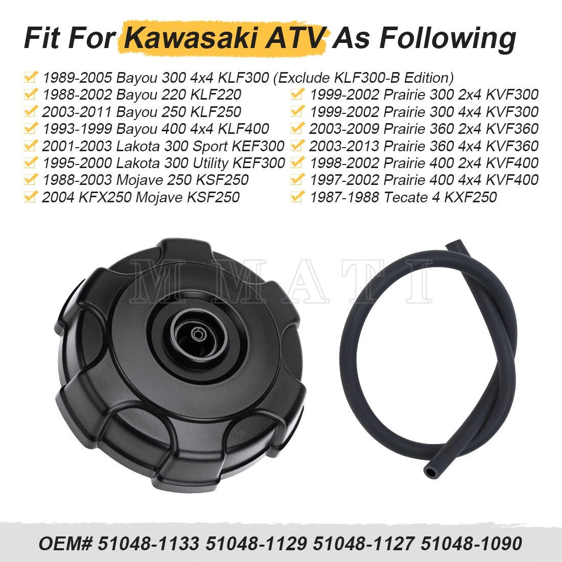 Fuel Tank Cap w/ Tube 51048-1133 for Kawasaki Prairie 360, Bayou 220, 250, 300, 400 (2000–2006)