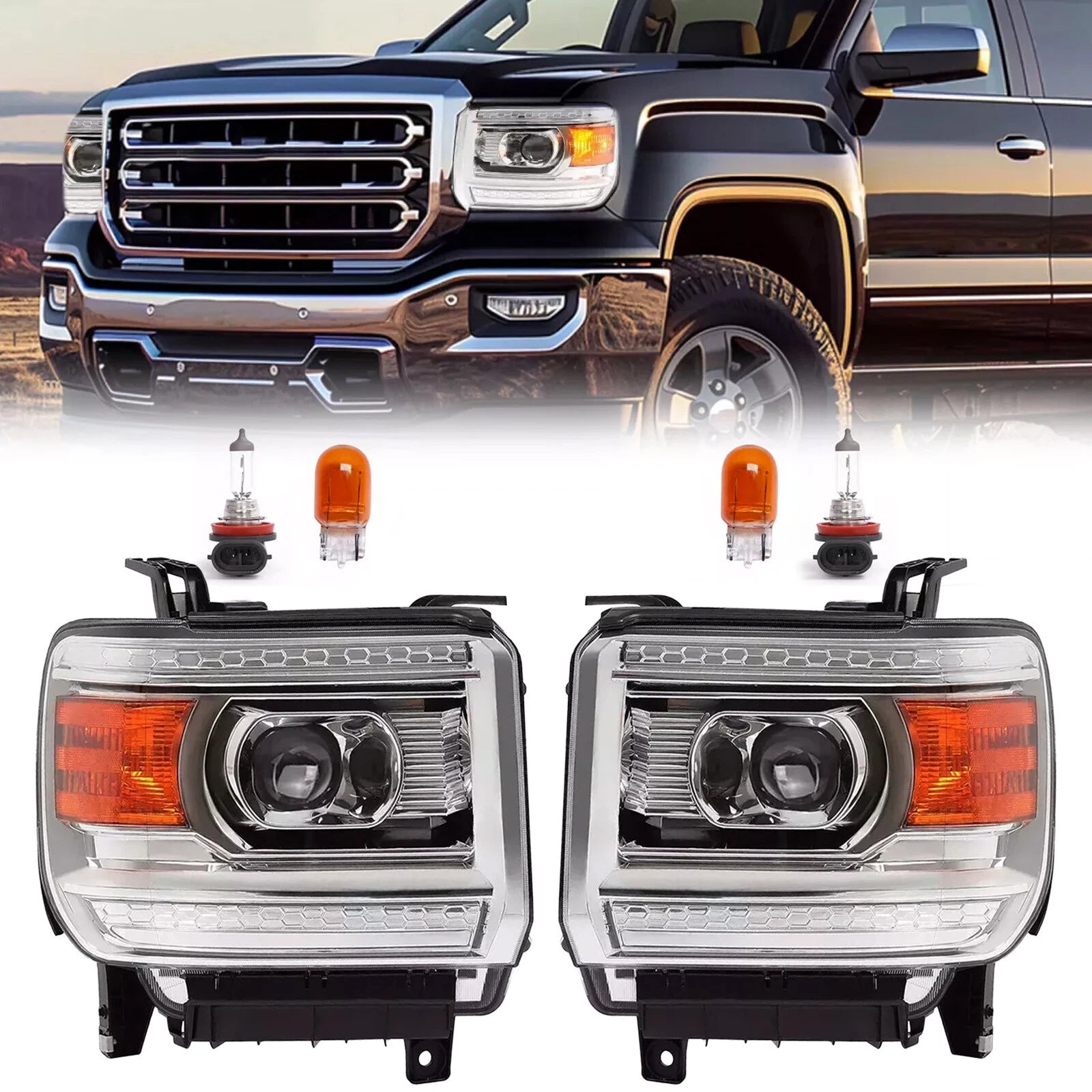 Projector Headlights Pair for GMC Sierra 1500 (2014–2015), 2500/3500HD (2015–2019)