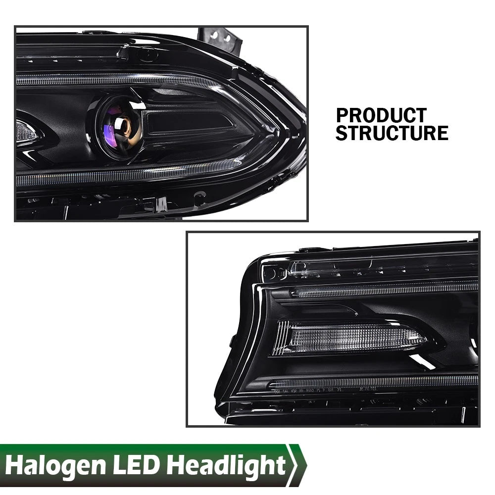 Set of 2 Halogen Projector Headlights with LED DRL for Dodge Charger (2015–2023)
