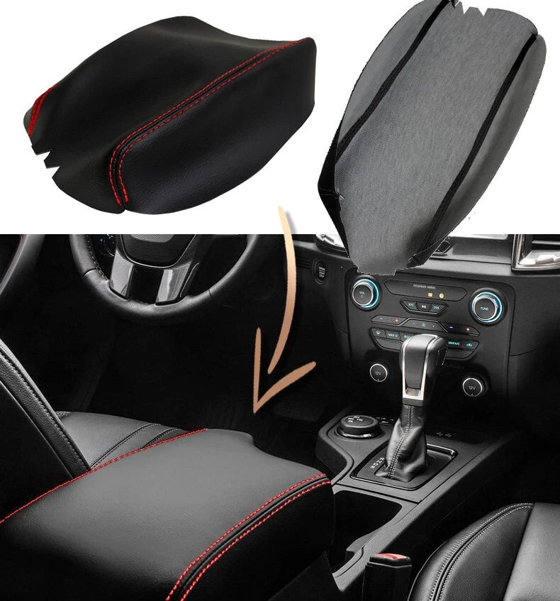 PVC Leather Console Lid Armrest Cover for Ford Ranger (2019–2020) Red Stitch