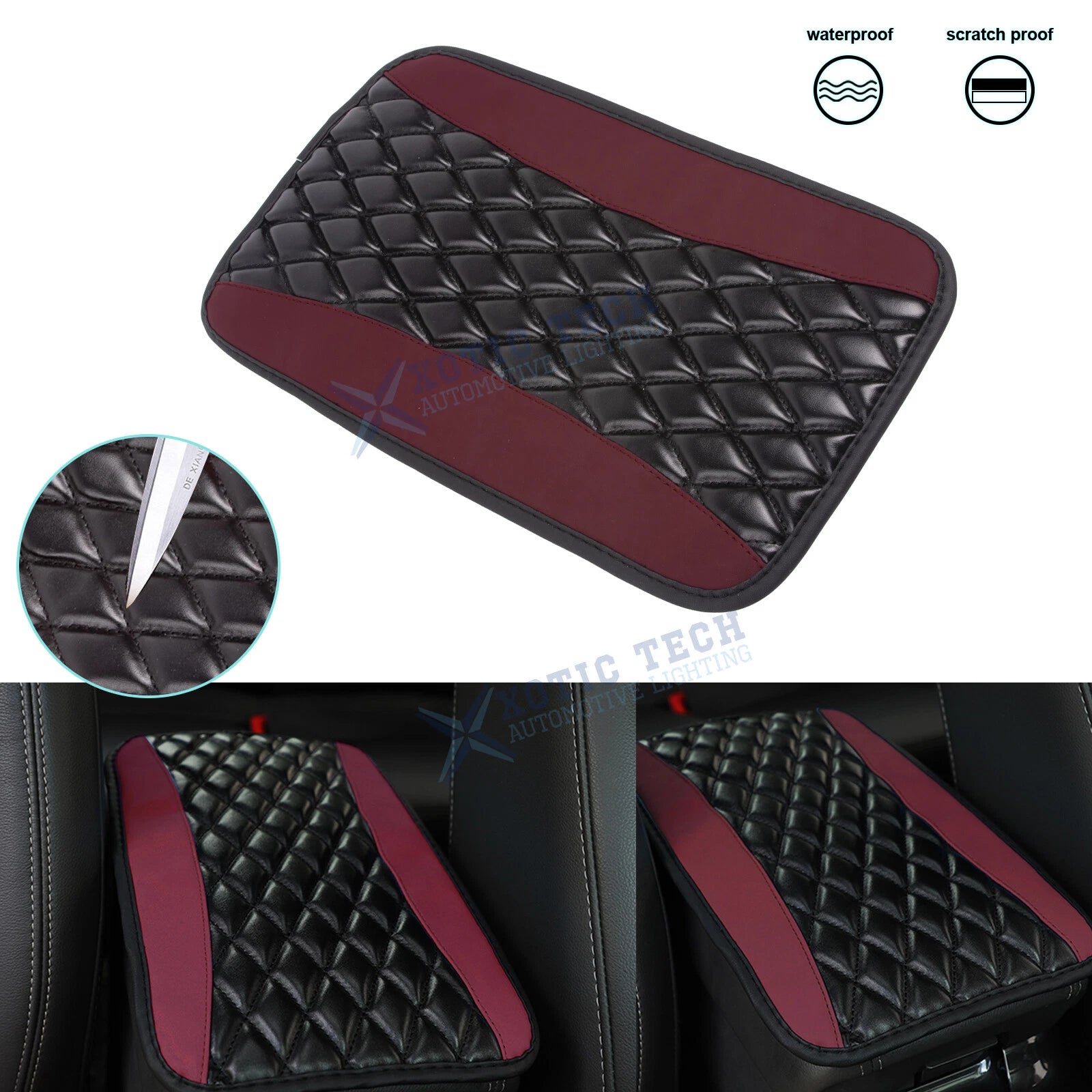 PU Leather Rhombus Seat Central Box Lid Cover Armrest Pad for Black & Wine Red (—)
