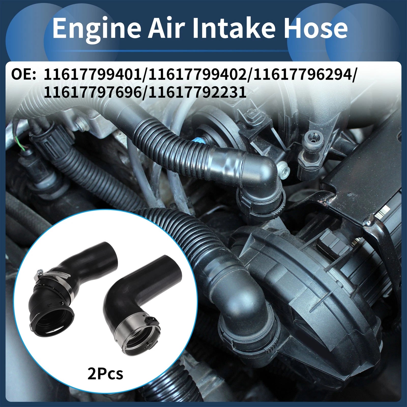 Set of 2 Engine Air Intake Hoses for BMW 5 Series E60 525d (2005–2010) 11617799401 Rubber