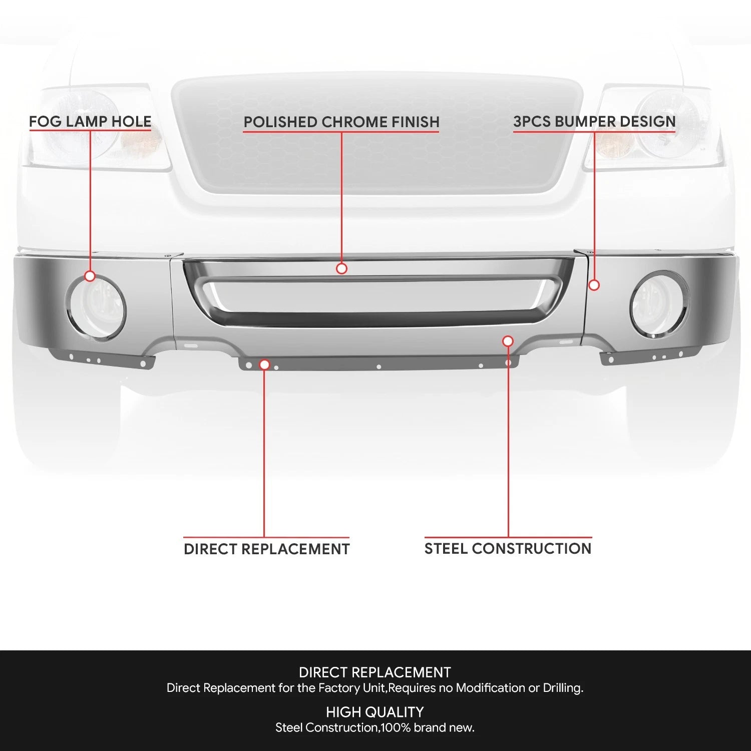 Polished Chrome Front Bumper Face Bar for Ford F-150 (2006–2008)