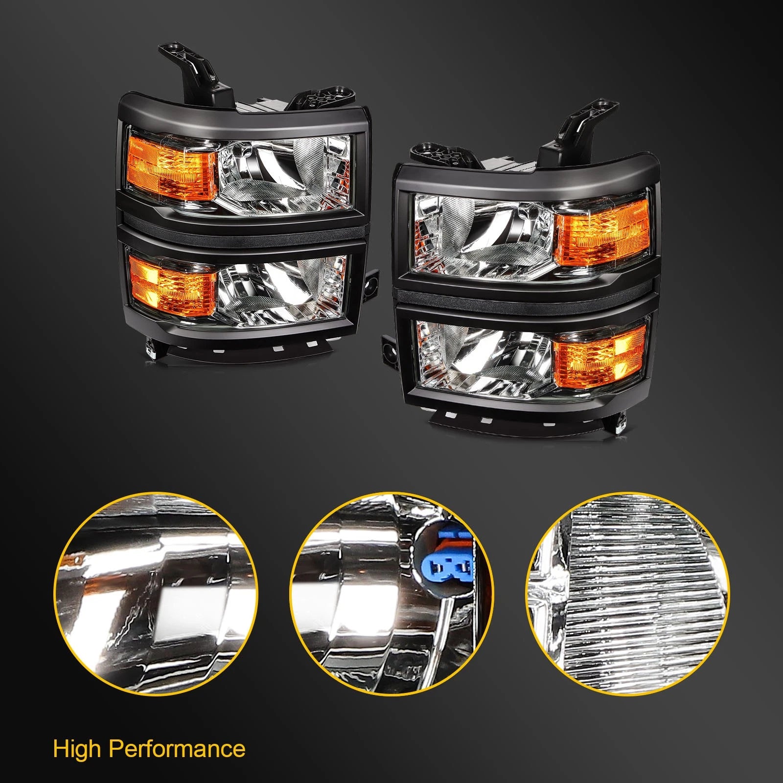 Pair Headlights for Chevy Silverado 1500 (2014–2015) Black Amber Reflector