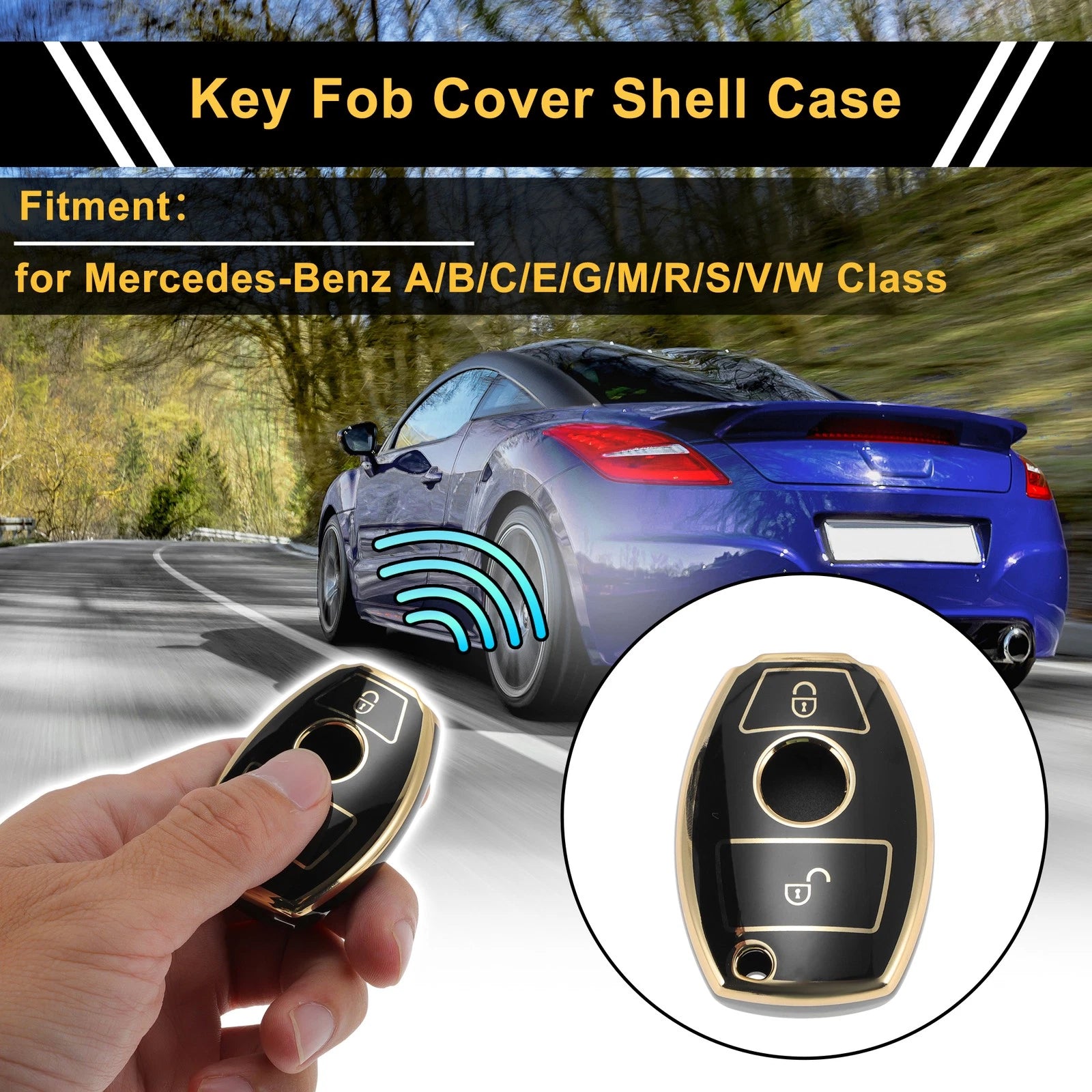 TPU Silicone Car Key Case for Mercedes-Benz (2 Buttons) - Black/Gold Edge
