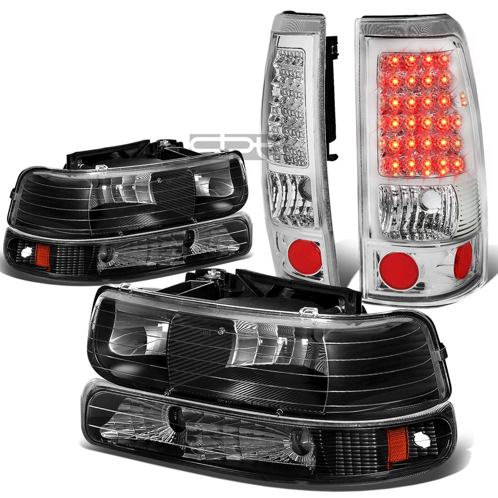 Set of 2 Black Crystal Headlights + Chrome LED Tail Lights for Silverado (1999–2002)