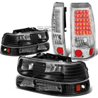 Set of 2 Black Crystal Headlights + Chrome LED Tail Lights for Silverado (1999–2002)