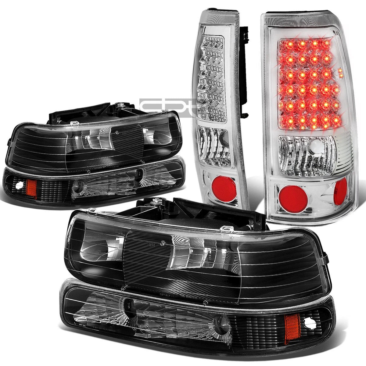 Set of 2 Black Crystal Headlights + Chrome LED Tail Lights for Silverado (1999–2002)