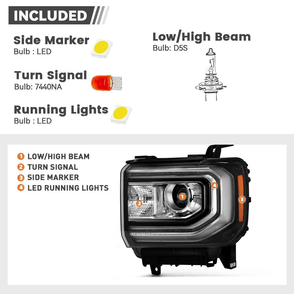 HID/Xenon Headlight Assembly for GMC Sierra 1500 (2016–2018) W/ Bulb Driver Left