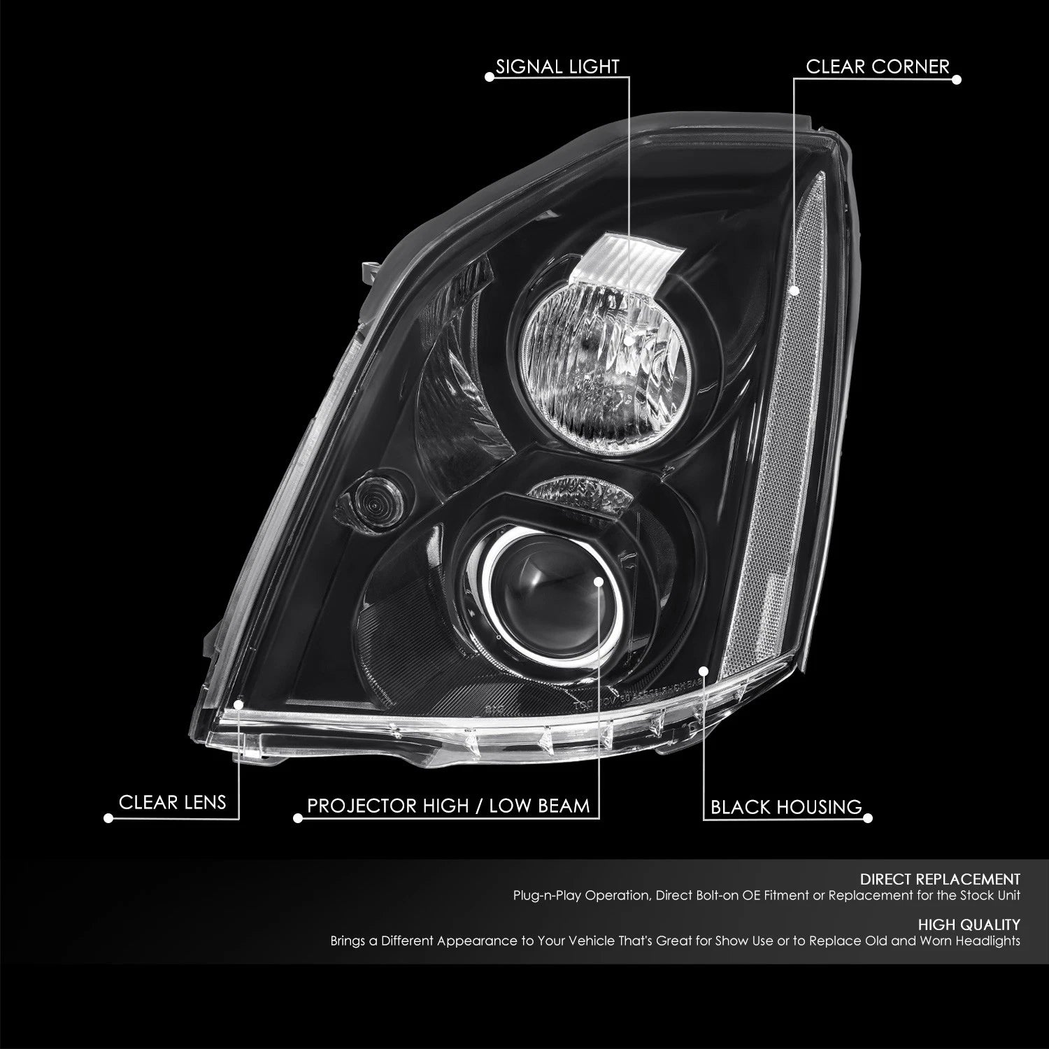 Projector Headlights for Cadillac DTS (2006–2011) - Black Housing, Clear Lens