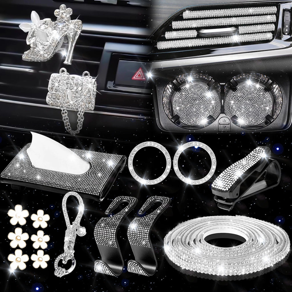 Sparkly White Rhinestone Diamond Interior Set for Women Girls (28 PCS)