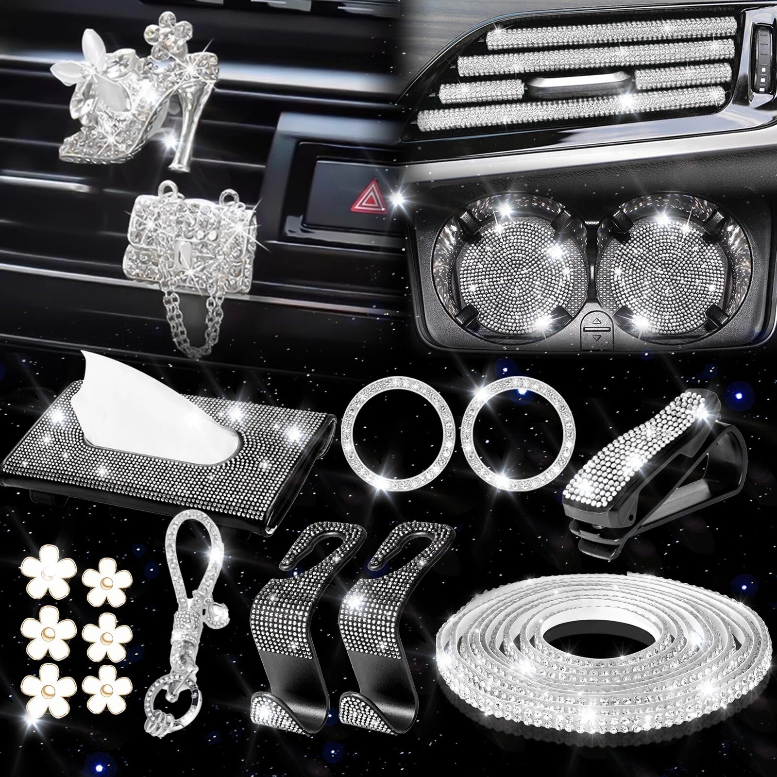Sparkly White Rhinestone Diamond Interior Set for Women Girls (28 PCS)