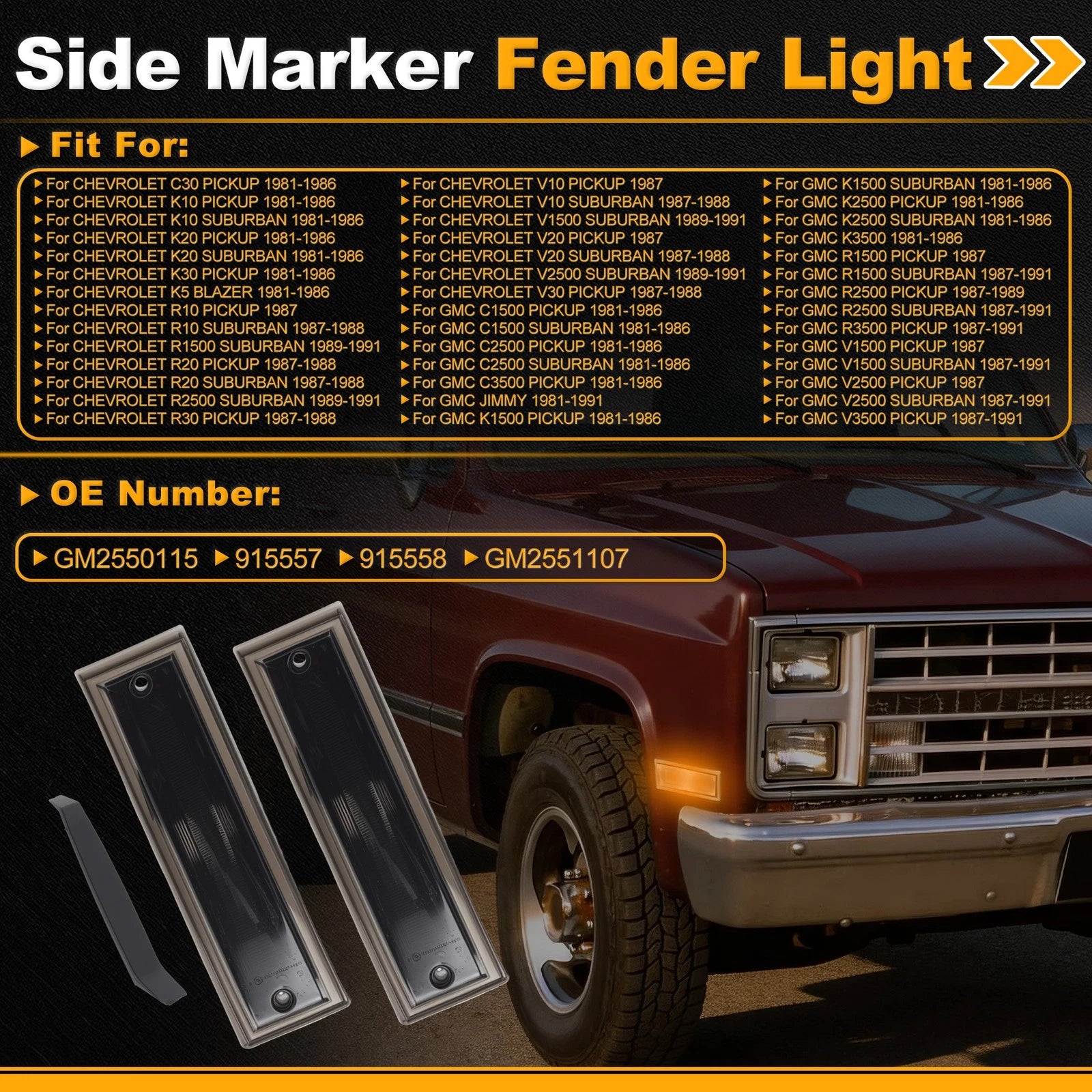 Set of 2 Side Marker Fender Lights GM2550115 for Chevrolet Blazer (1987–1991) Smokey Lens