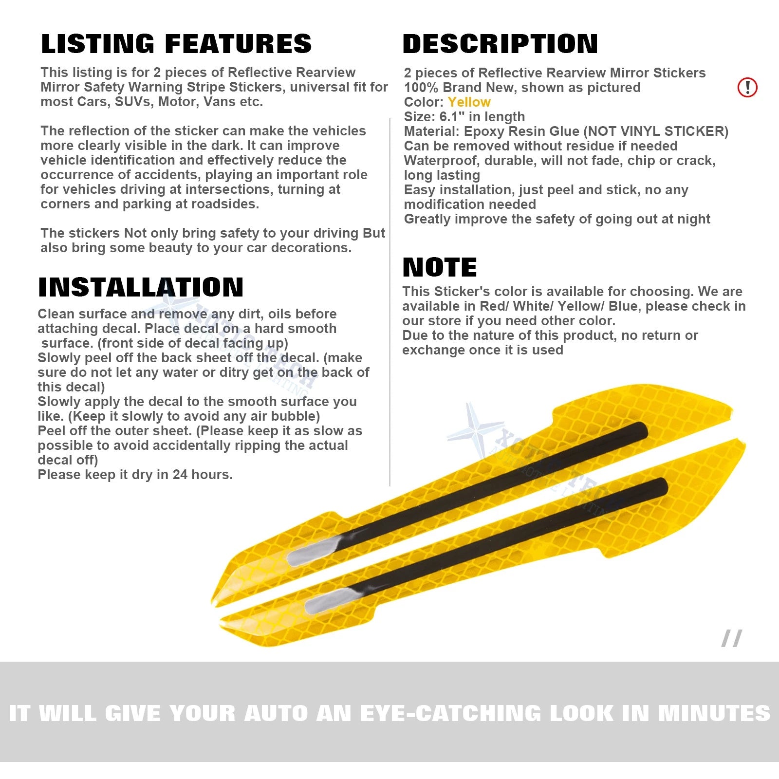 Reflective Safety Side Mirror Cap Film Stickers for Universal Fit (2X)