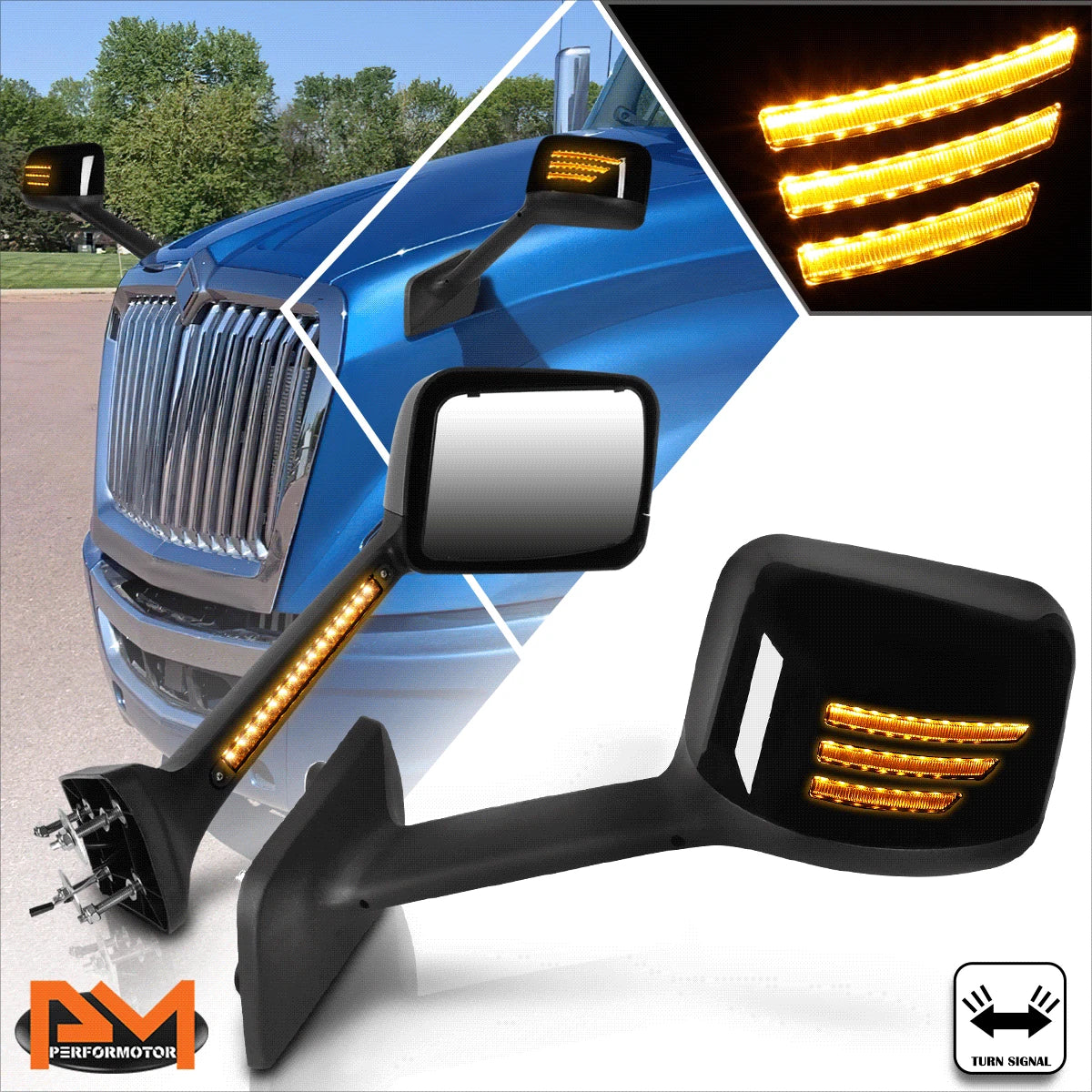 Sequential LED Signal Side Hood Mirrors for International Harvester MV607 (2018–2024)
