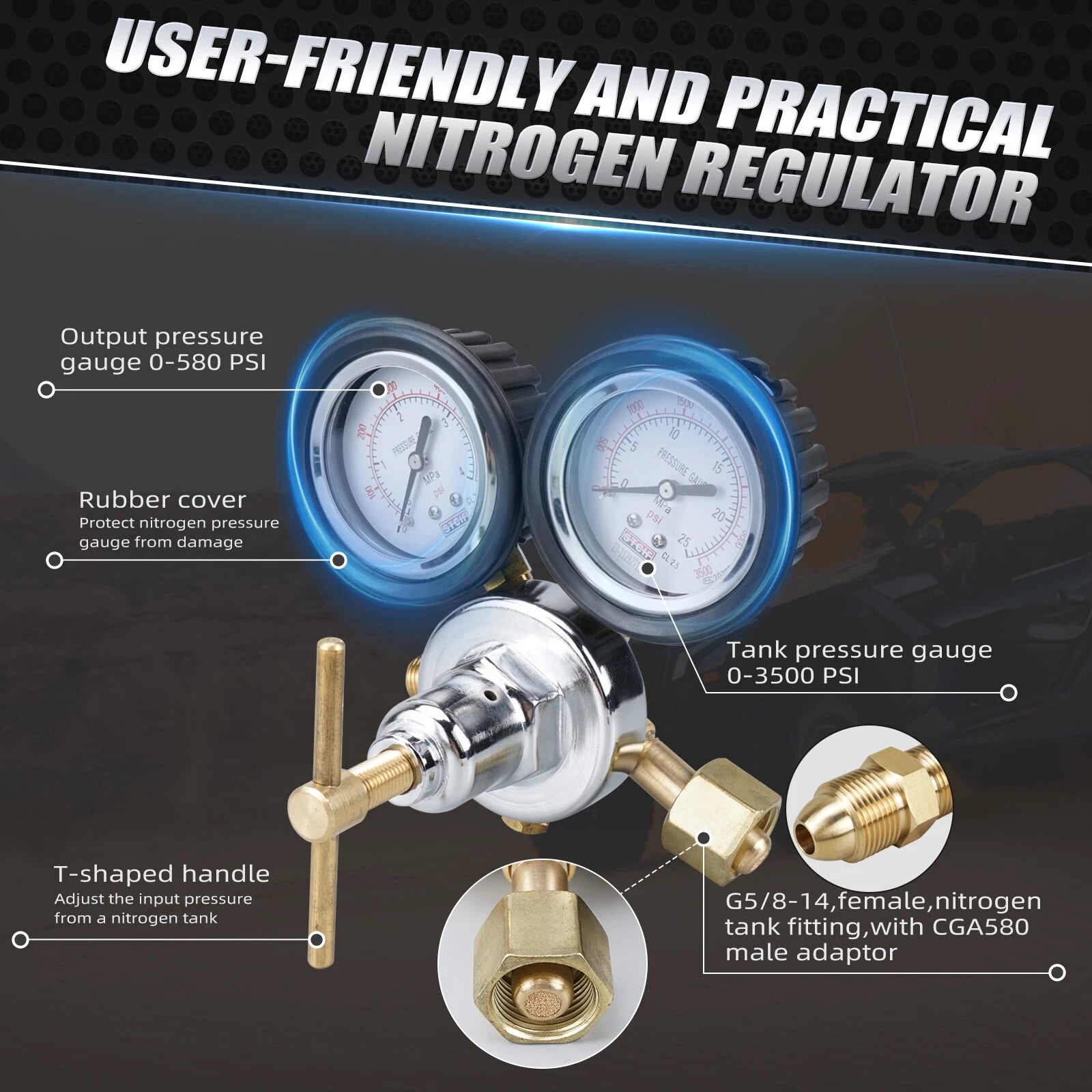 Nitrogen Regulator Shock Fill Kit for ATV UTV (0-380 PSI, G5/8-14, CGA580)