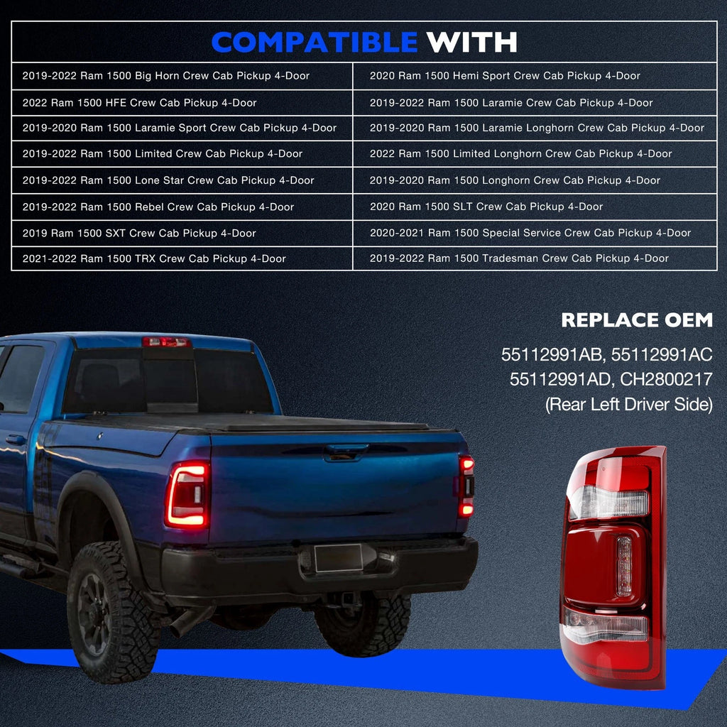 LED Brake Tail Light Assembly 55112991AD for Ram 1500 (2019–2024) Rear Left