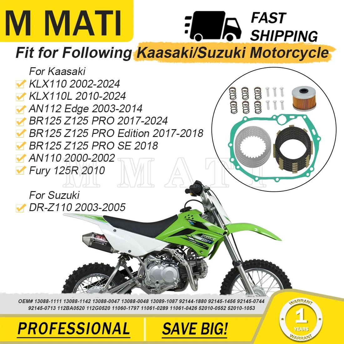 Clutch Steel Friction Plates Kit for Kawasaki Z125 Pro KLX110 KLX110L (2016–2023)