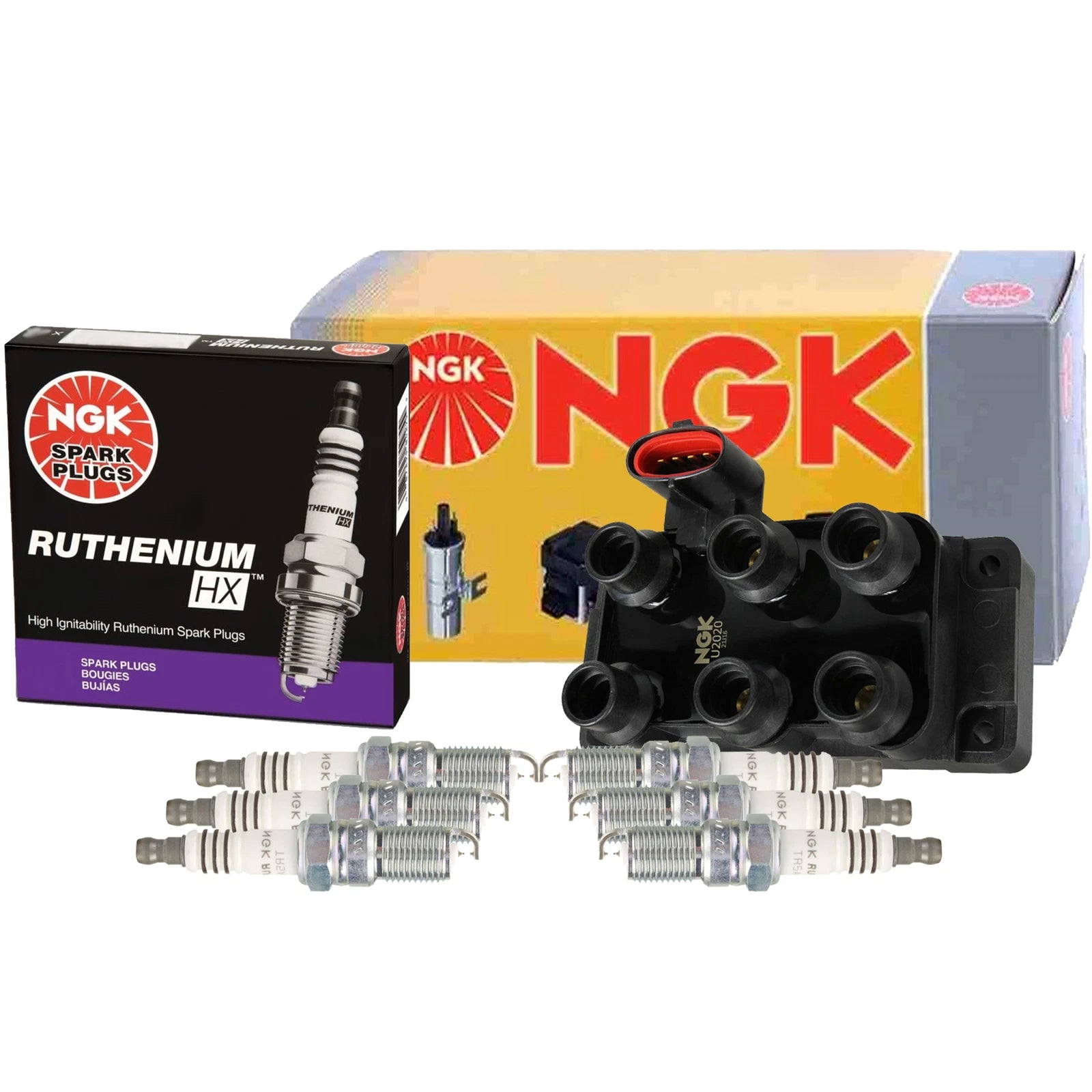 NGK DIS Ignition Coil & Ruthenium HX Spark Plugs Kit for Ford Mercury 3.0 V6 (1990–2005)