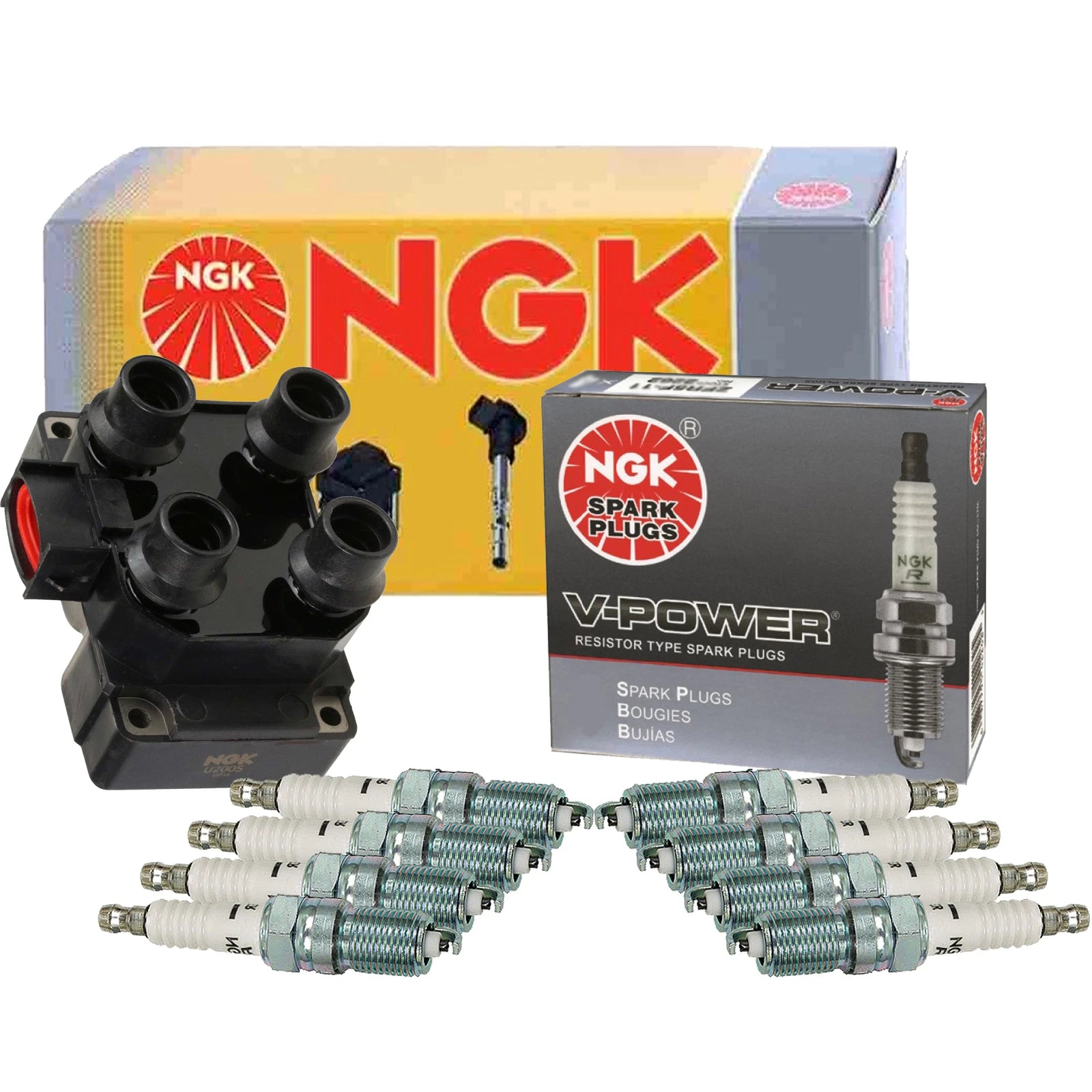 NGK DIS Ignition Coil & 8 V-Power Spark Plugs for B2500 Mustang Ranger (1998–2001)