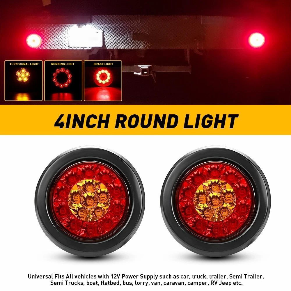 Set of 2 Round 4-Inch 16-LED Amber Truck Brake Tail Lights for Trucks