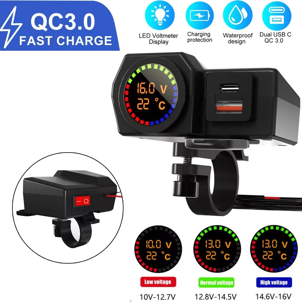 Dual USB Fast Charger Adapter for Motorcycle (LED QC 3.0)
