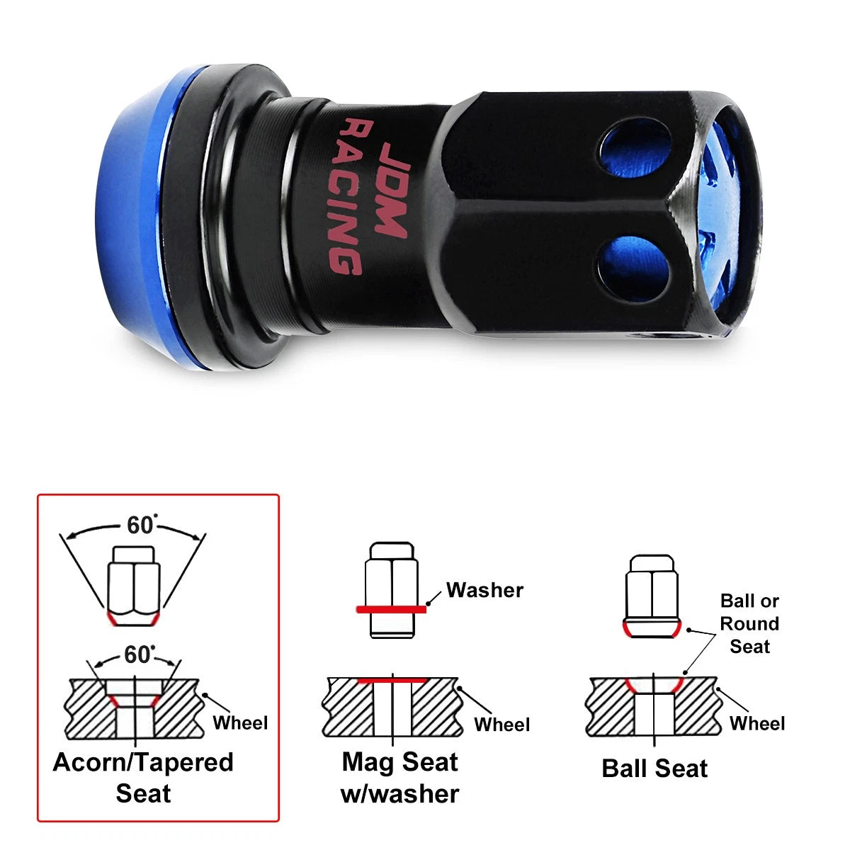 20Pc M12X1.5 Blue JDM Closed End Lug Nuts with Spline Locks & Key