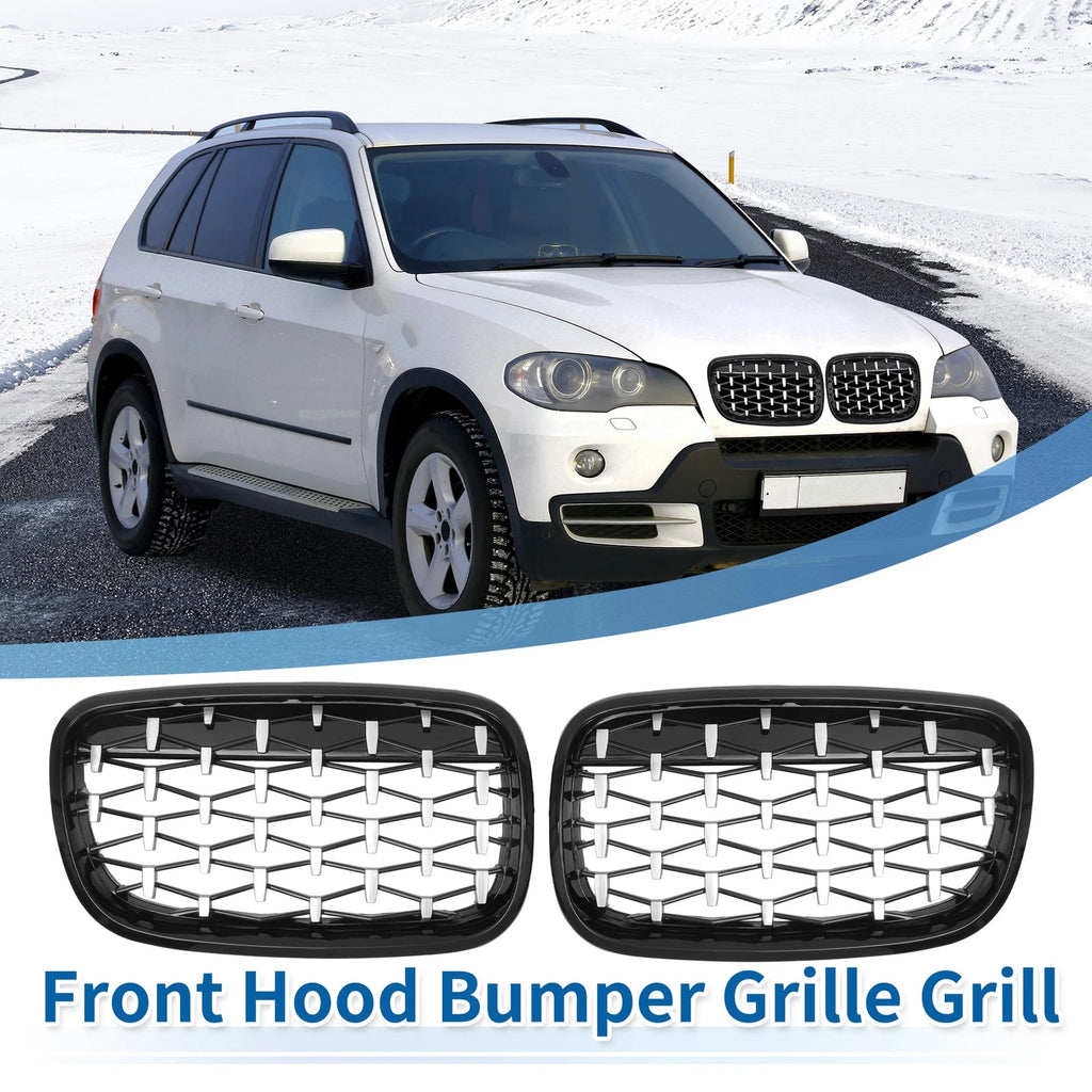 Set of 2 Front Hood Bumper Grilles for BMW X5 X6 (2008–2013) Black Silver Tone