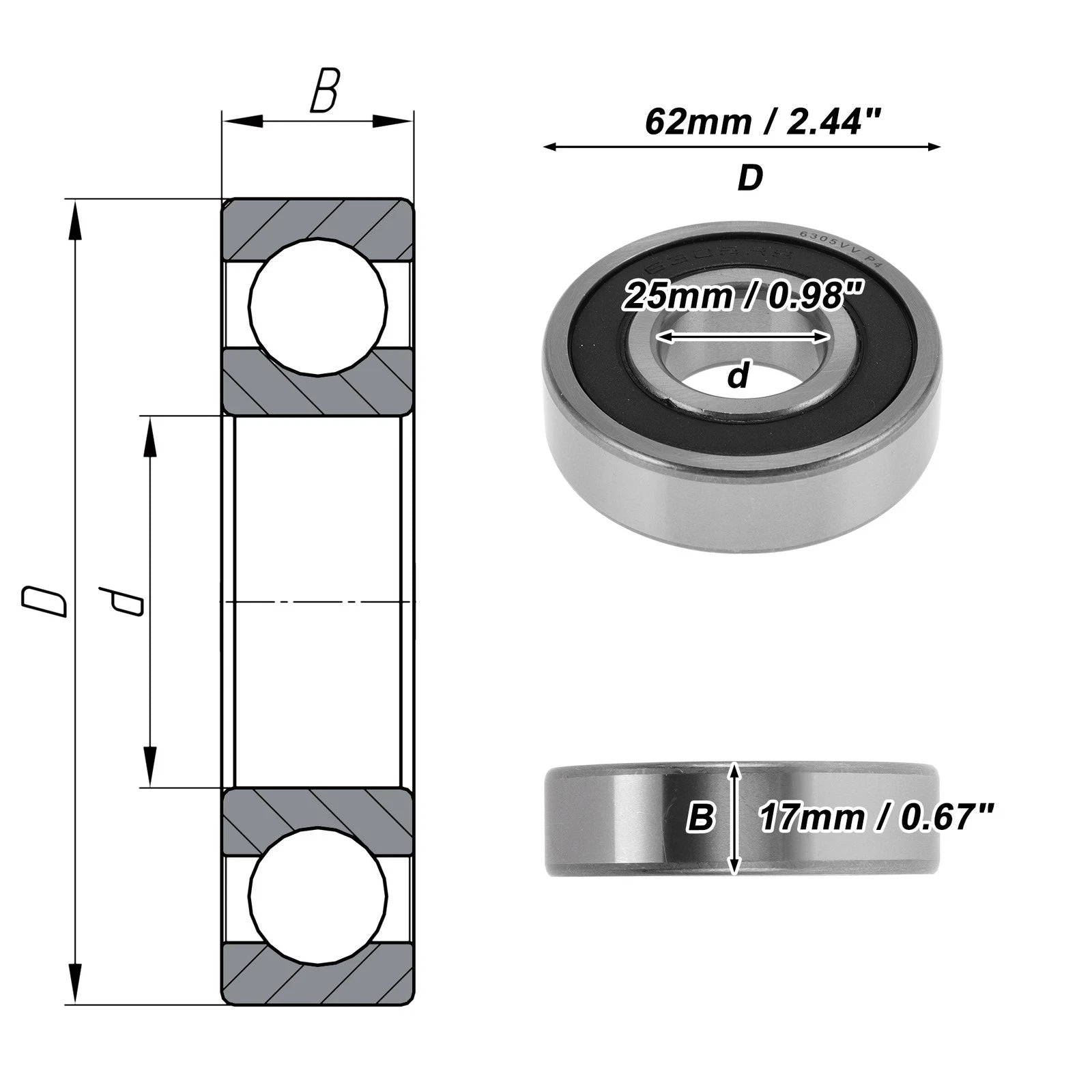 6305VV Deep Groove Ball Bearing for Various Models (25x62x17mm)