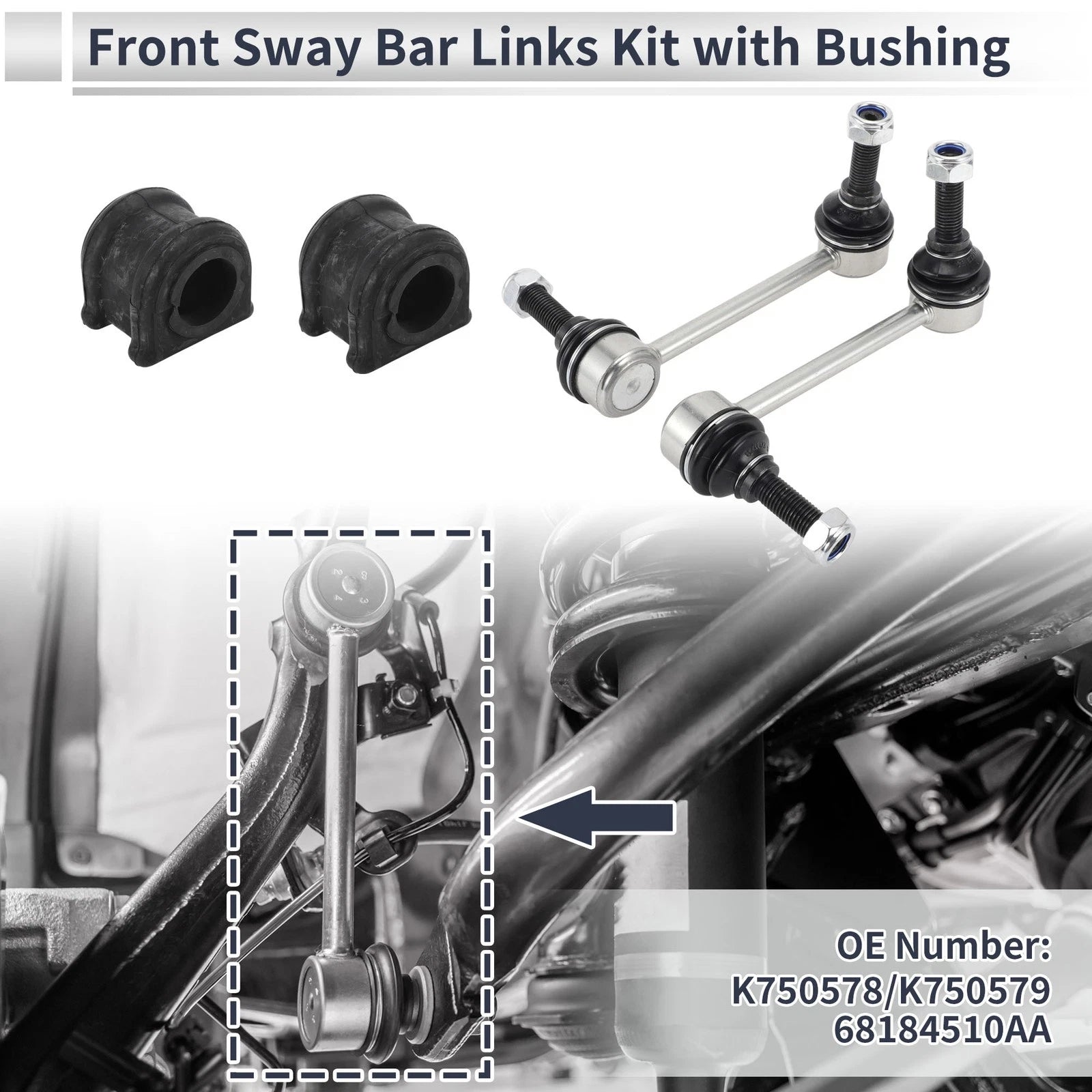 Front Stabilizer Bar Links with 2 Pcs Bushing for Jeep Grand Cherokee (1999–2021) No.K750578