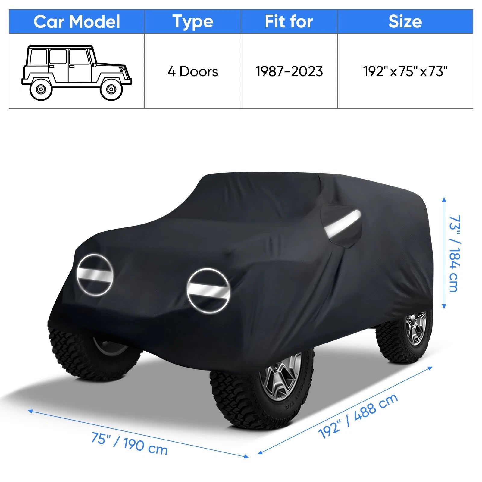 Car Cover for Jeep Wrangler 4 Door JK JL JLU (2007–2023) UV Waterproof