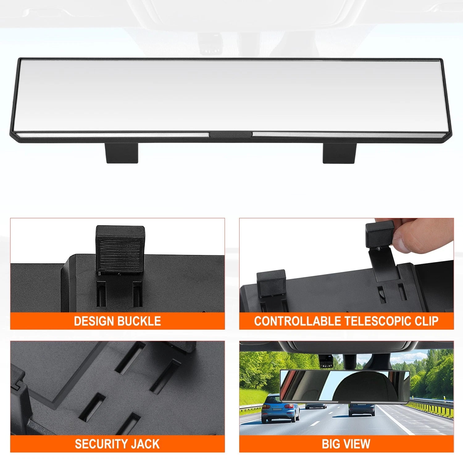 Universal Clip On Flat Panoramic Wide Angle Rear View Mirror for Cars