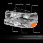Set of 4 Chrome Clear Headlights Bumper Lamps for Silverado Suburban Tahoe (1999–2006)