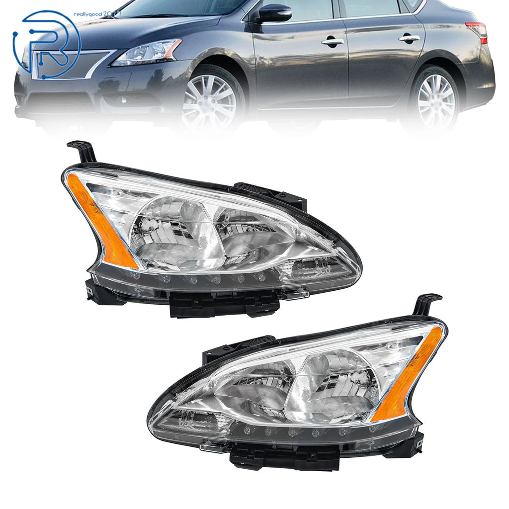 Set of 2 Headlights for Nissan Sentra (2013–2015) Halogen with LED DRL Chrome
