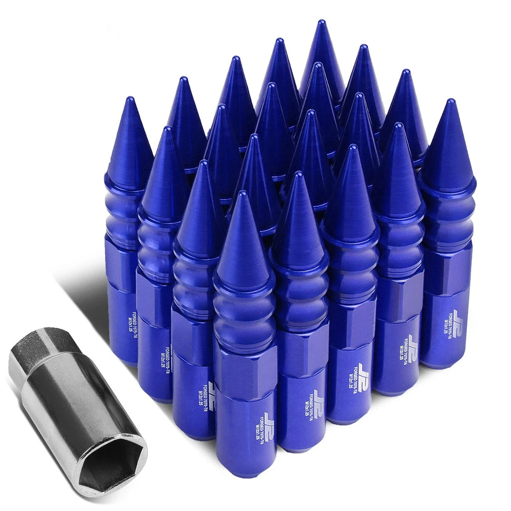 20Pc J2 7075 Forged Aluminum M12x1.25 Spiked Cap Lug Nut Set w/Adapter Blue