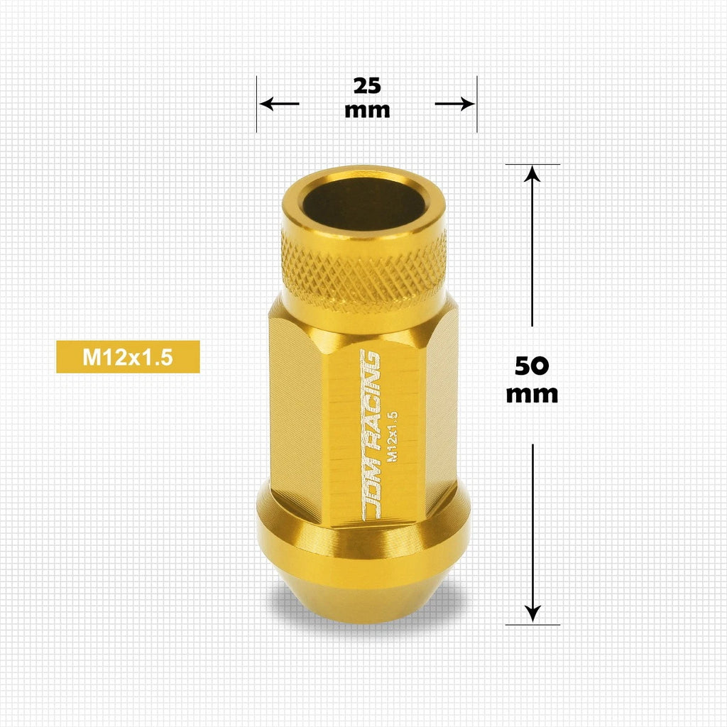 20Pc M12X1.5 Gold JDM Open End Cone Seat Hex Wheel Lug Nuts + Extension 25mmx50mm
