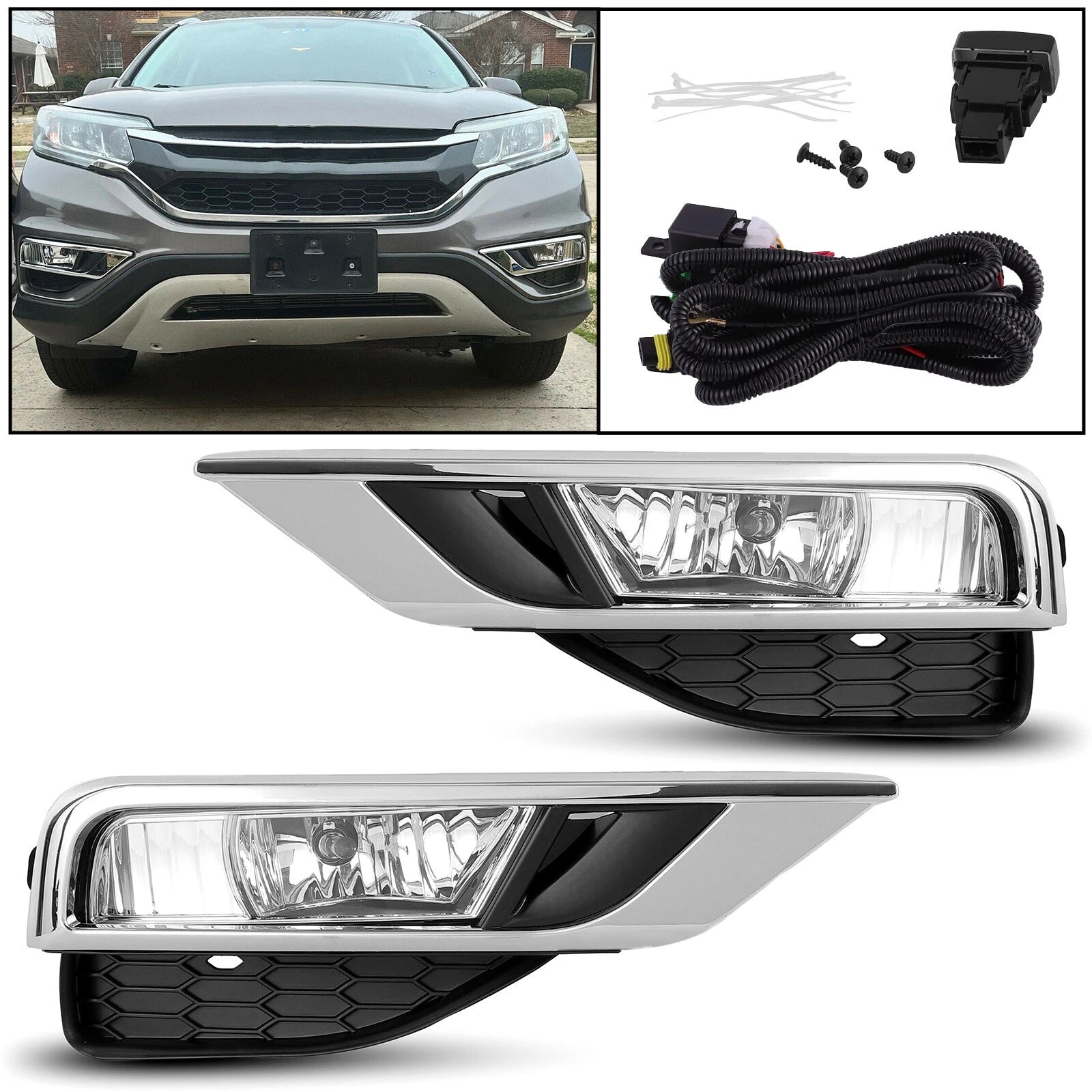 Set of 2 Front Fog Lights for Honda CR-V (2015–2016) w/Switch Wiring