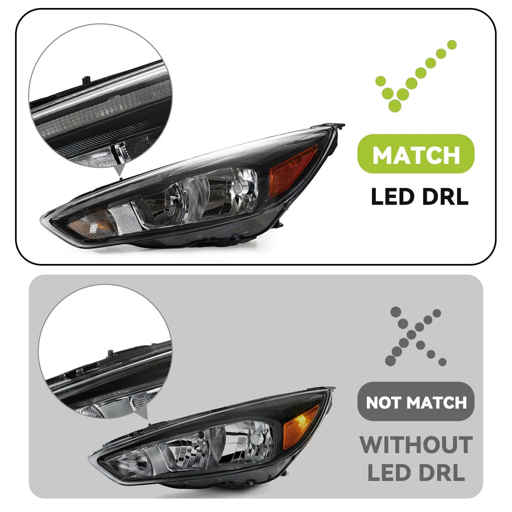 Set of 2 Upgrade Black Conversion Halogen Headlights for Ford Focus (2015–2018)