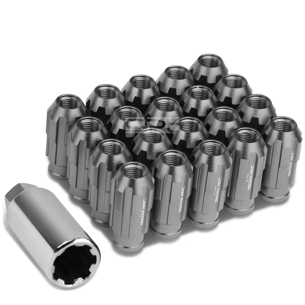 Set of 20 Open End M12x1.25 50mm Tall Gun Metal Aluminum Lug Nuts + Adapter